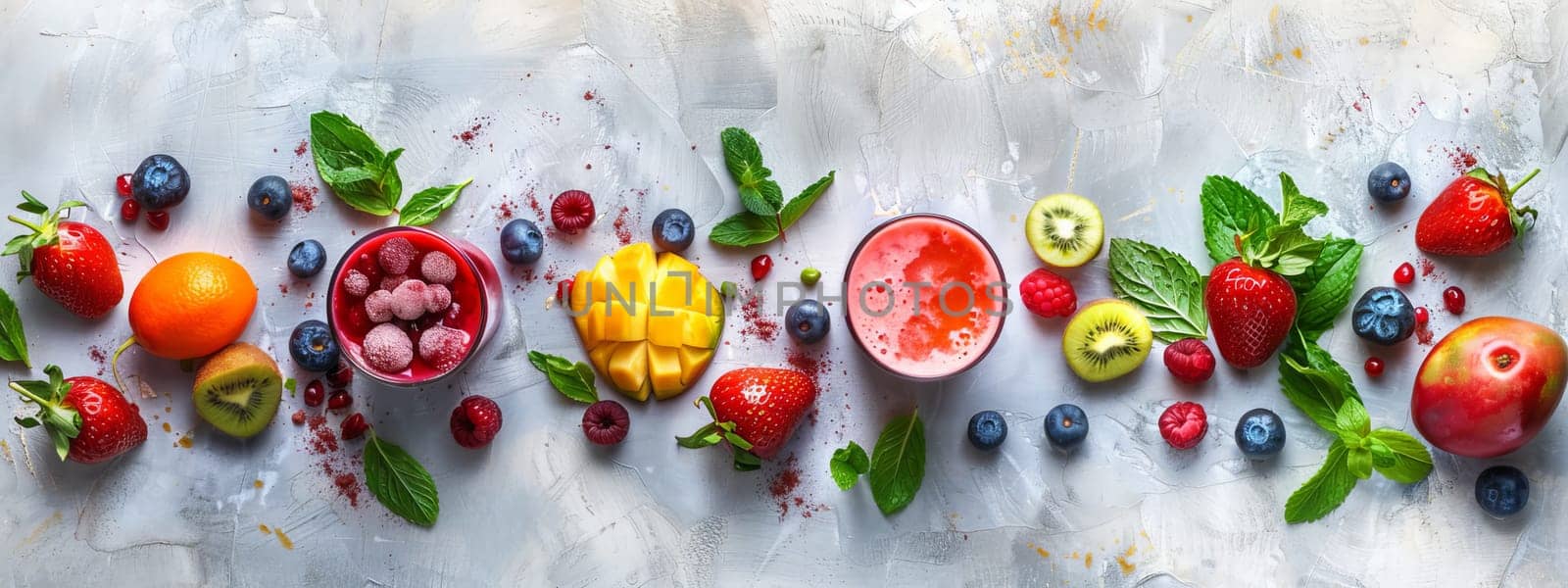 Colorful healthy smoothies and juices with fresh tropical fruits, Generative AI, drink