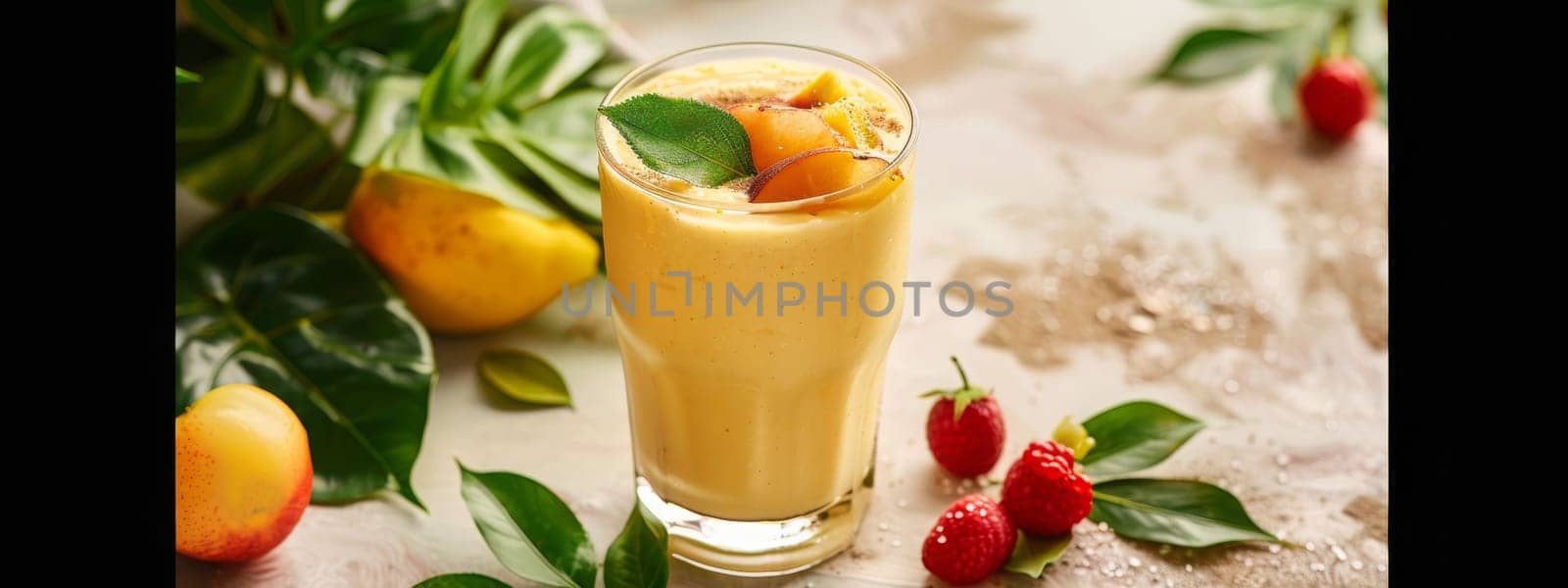 Colorful healthy smoothies and juices with fresh tropical fruits, Generative AI, drink