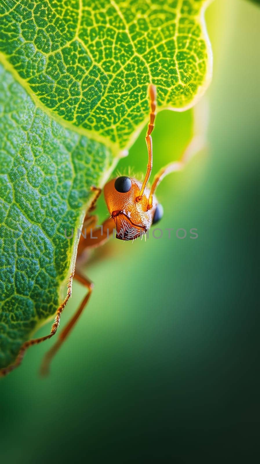 Extreme close up of an orange leaf beetle with intricate details, perched on the edge of a bright green leaf with visible veins.