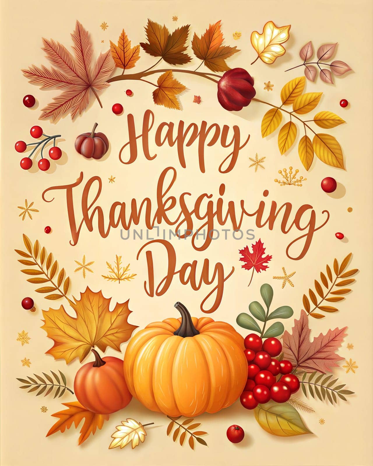 Happy Thanksgiving day card or poster with heart, autumn leaves, pumpkins and lettering Thanks. Ai generated image