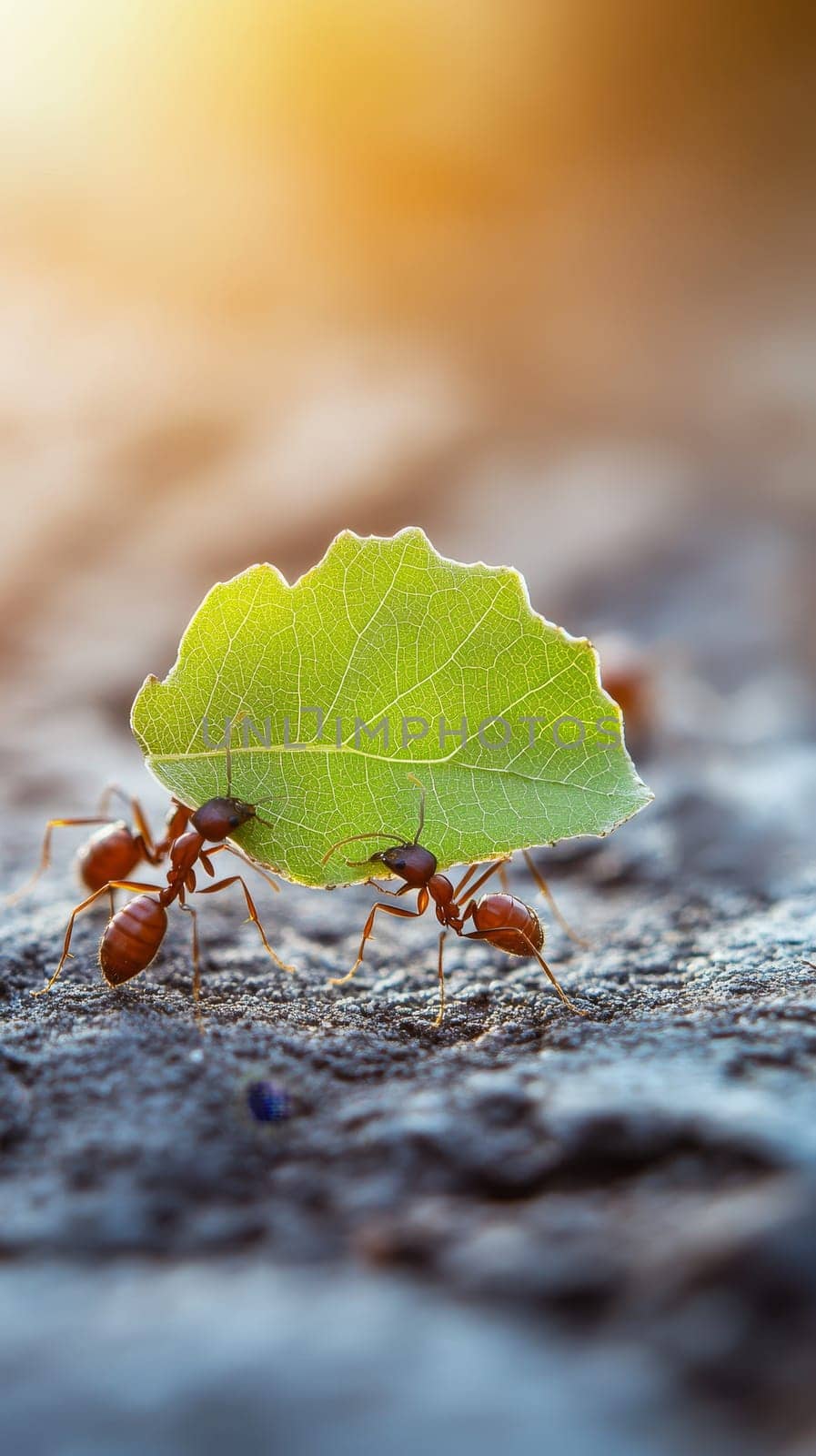 Two red leaf cutter ants working together to carry a large green leaf across a textured surface, demonstrating teamwork and strength in the insect world.