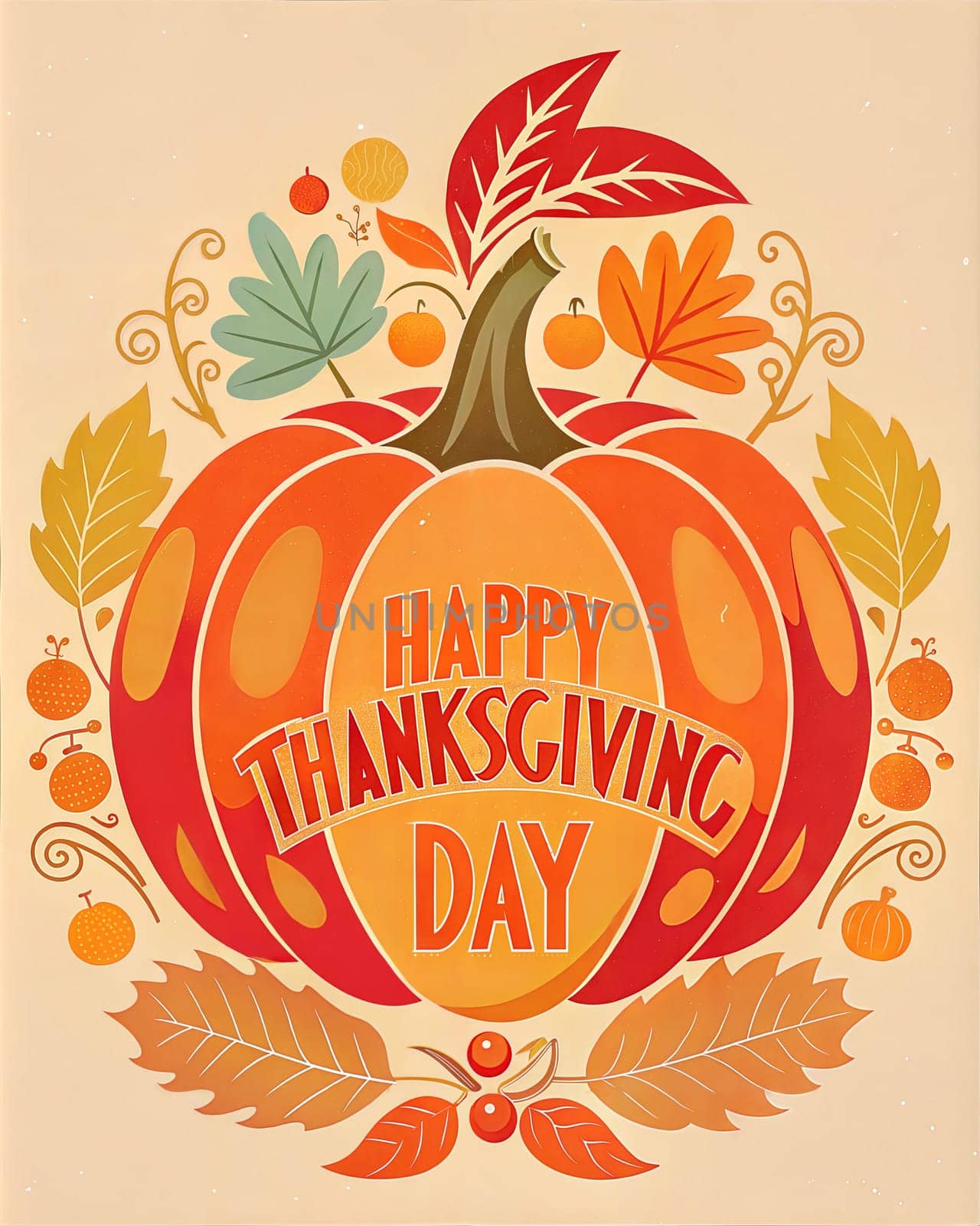 Happy Thanksgiving card or poster with autumn leaves and pumpkin. Ai generated image
