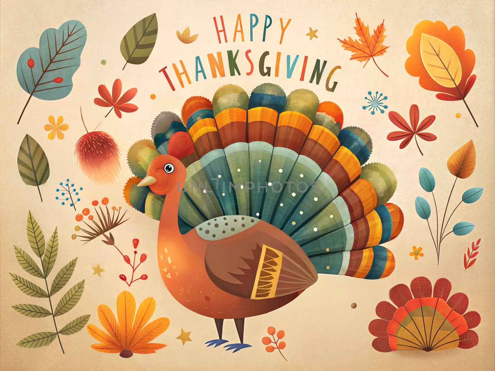 Happy Thanksgiving Day Illustration with Turkey Bird, Pumpkins and Leaves Flat Cartoon Illustration for poster or card. Ai generated