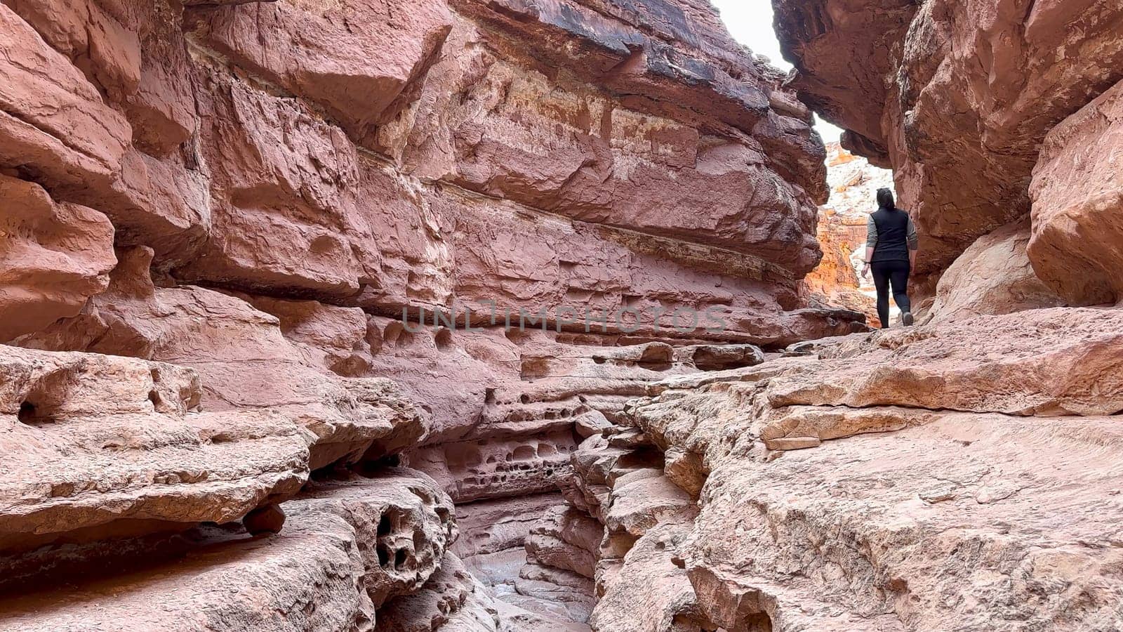 Female hiker walking through the majestic red rock formations of Cathedral Wash slot canyon in Arizona. The rugged beauty of the canyon and the sense of adventure create a captivating scene - USA