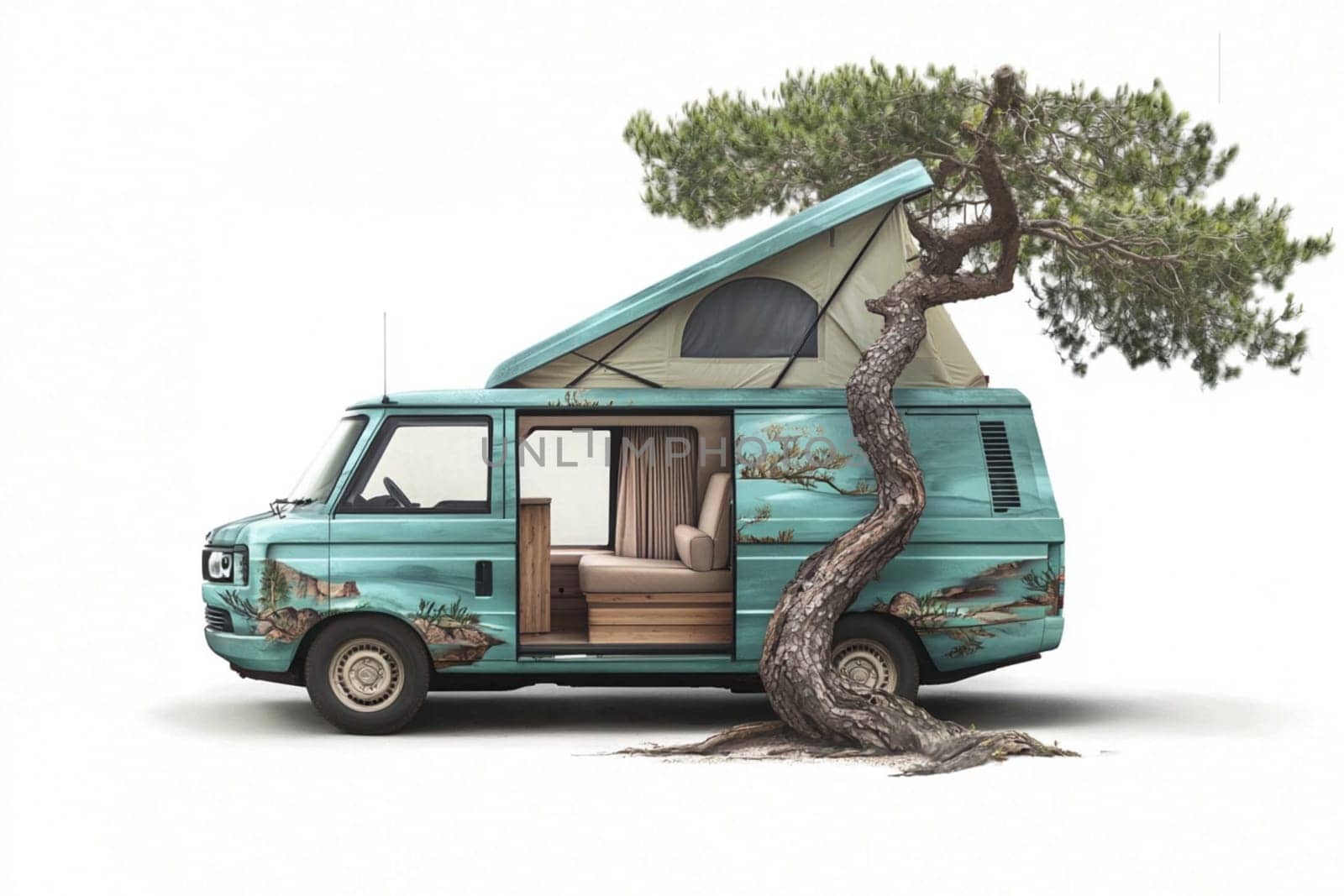 Camper van parked in nature with a tree growing through it, offering a unique camping experience. Evokes tranquility and freedom, ideal for adventure seekers