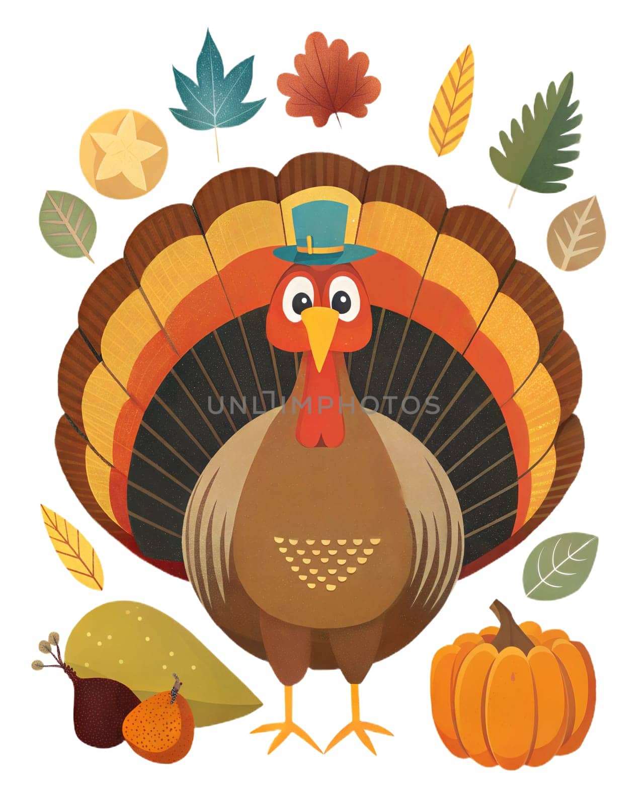 Happy Thanksgiving Day Illustration with Turkey Bird, Pumpkins and Leaves isolated on white background. Flat Cartoon Illustration for poster or card. Ai generated