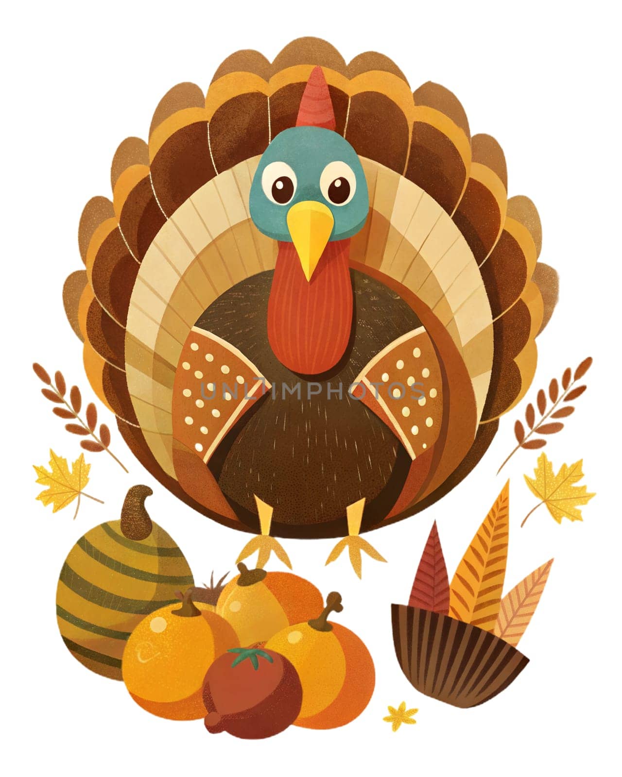 Happy Thanksgiving Day Illustration with Turkey Bird, Pumpkins and Leaves isolated on white background. Flat Cartoon Illustration for poster or card. Ai generated