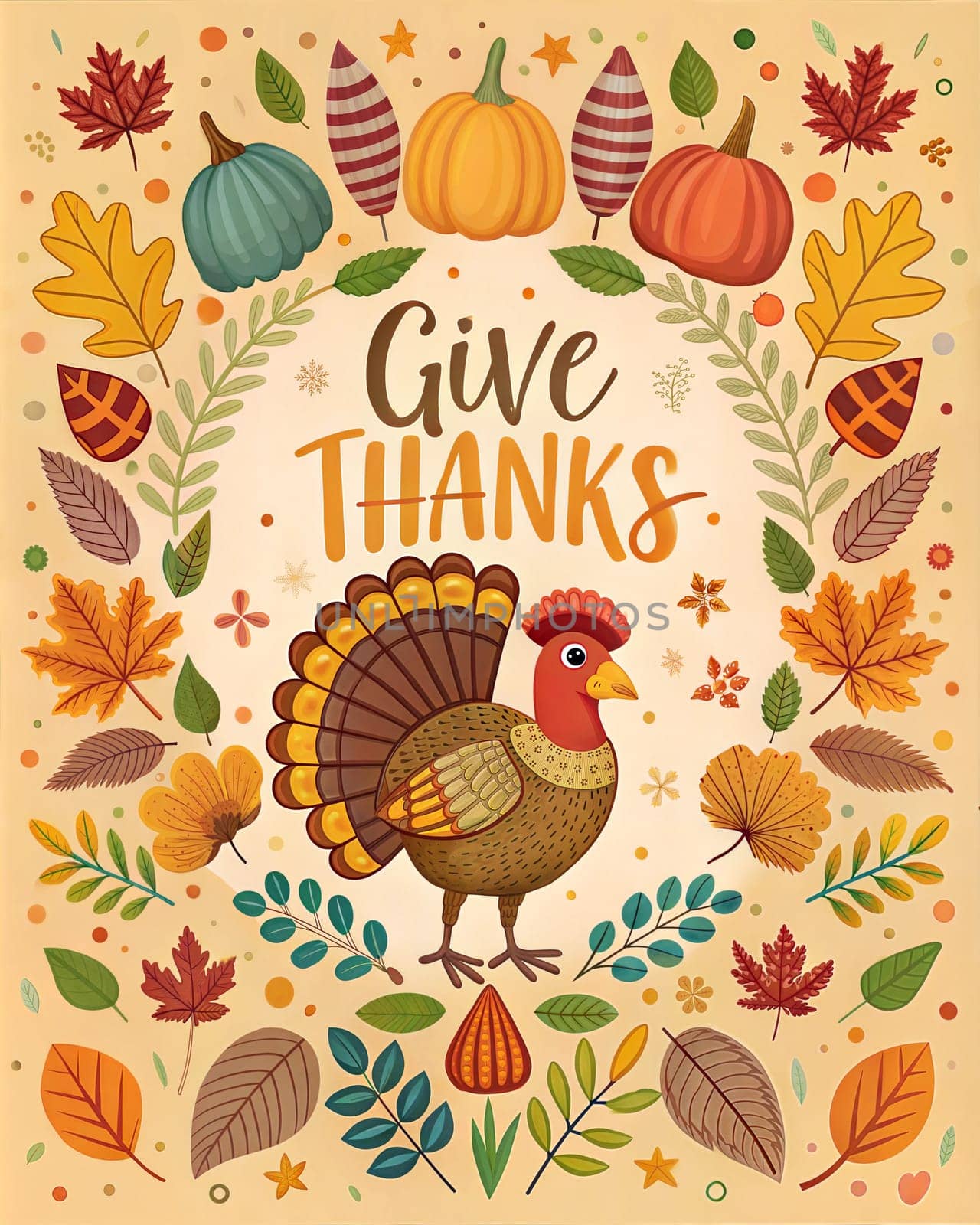 Happy Thanksgiving Day Illustration with Turkey Bird, Pumpkins and Leaves Flat Cartoon Illustration for poster or card. Ai generated