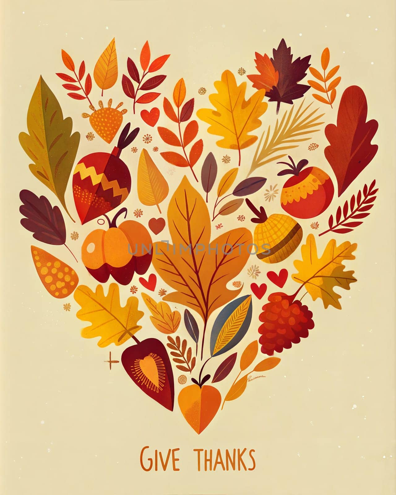 Happy Thanksgiving card or poster with autumn leaves and pumpkin. Ai generated image