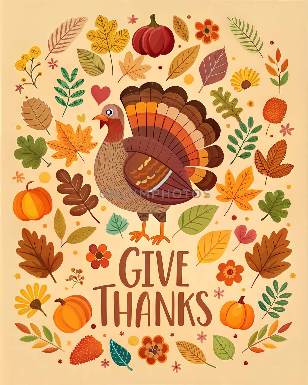 Happy Thanksgiving Day Illustration with Turkey Bird, Pumpkins and Leaves Flat Cartoon Illustration for poster or card. Ai generated
