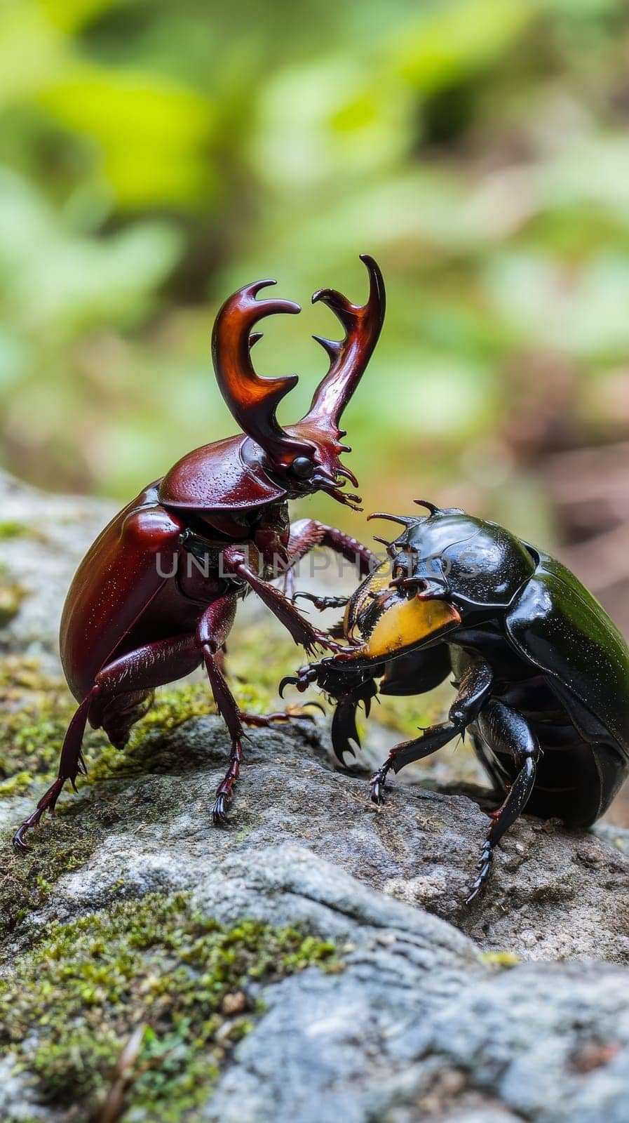 Two stag beetles engage in a fierce confrontation on a moss covered rock, showcasing their impressive mandibles and shiny exoskeletons in a natural setting.