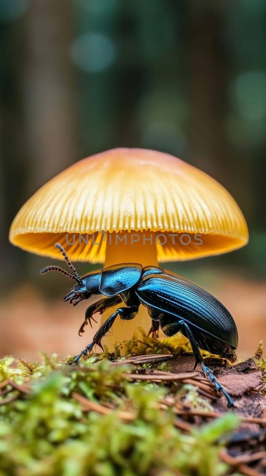 An iridescent blue beetle stands beneath a vibrant yellow mushroom cap, creating a fantastical scene reminiscent of Alice in Wonderland.