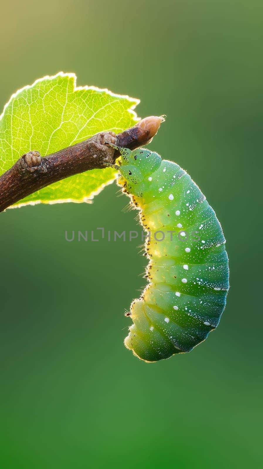 A plump green caterpillar with white spots clings to a brown twig, backlit by sunlight filtering through a vibrant green leaf.