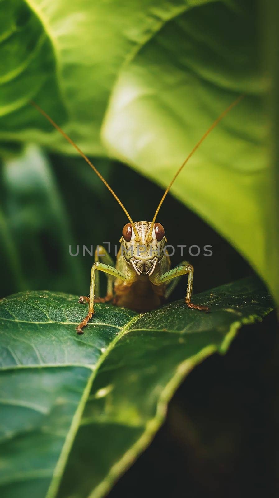 Close up portrait of a vibrant green grasshopper on a leaf, highlighting its intricate features including compound eyes, antennae, and textured exoskeleton.
