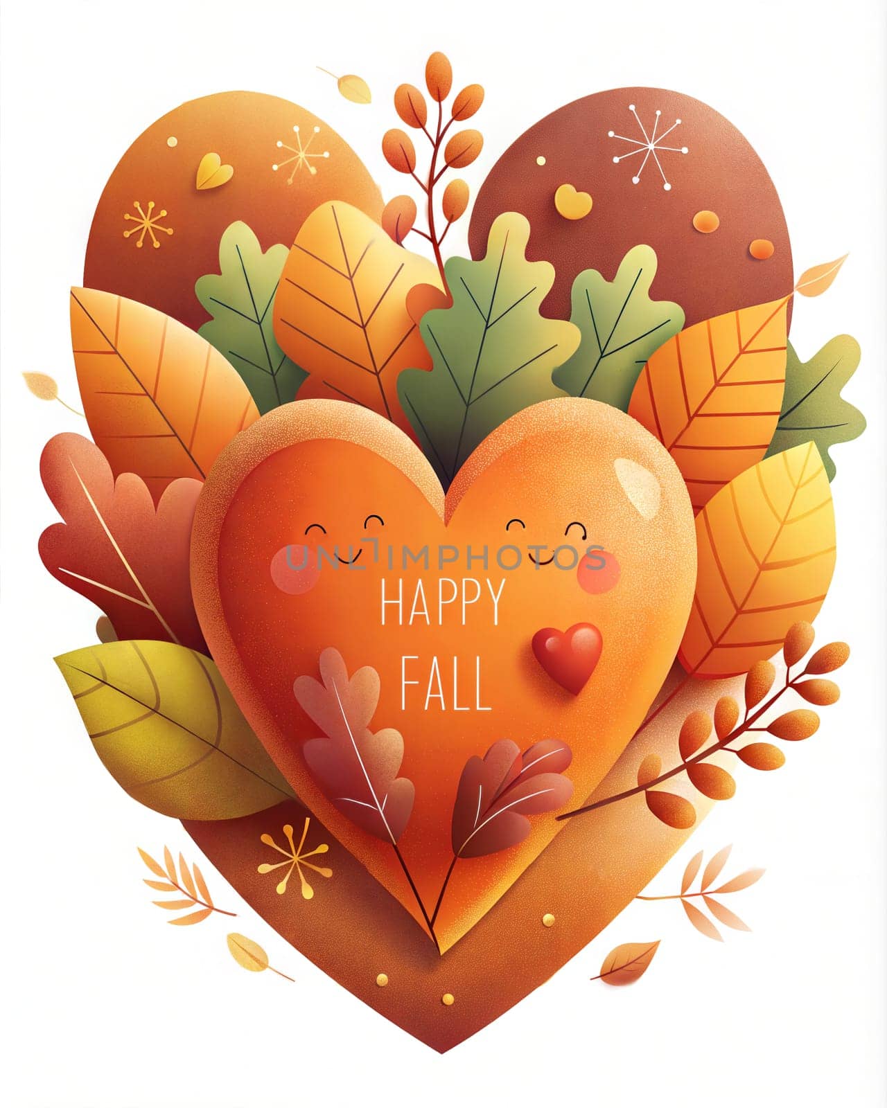 Happy Thanksgiving day or Happy Autumn card or poster with autumn leaves and harvest in the shape of a heart. Happy fall. Ai generated image
