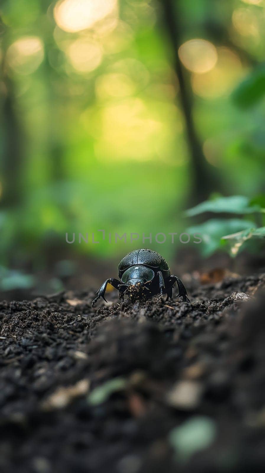 A black dung beetle crawls on soil amid lush forest greenery, with soft bokeh lights in the background creating a magical atmosphere.