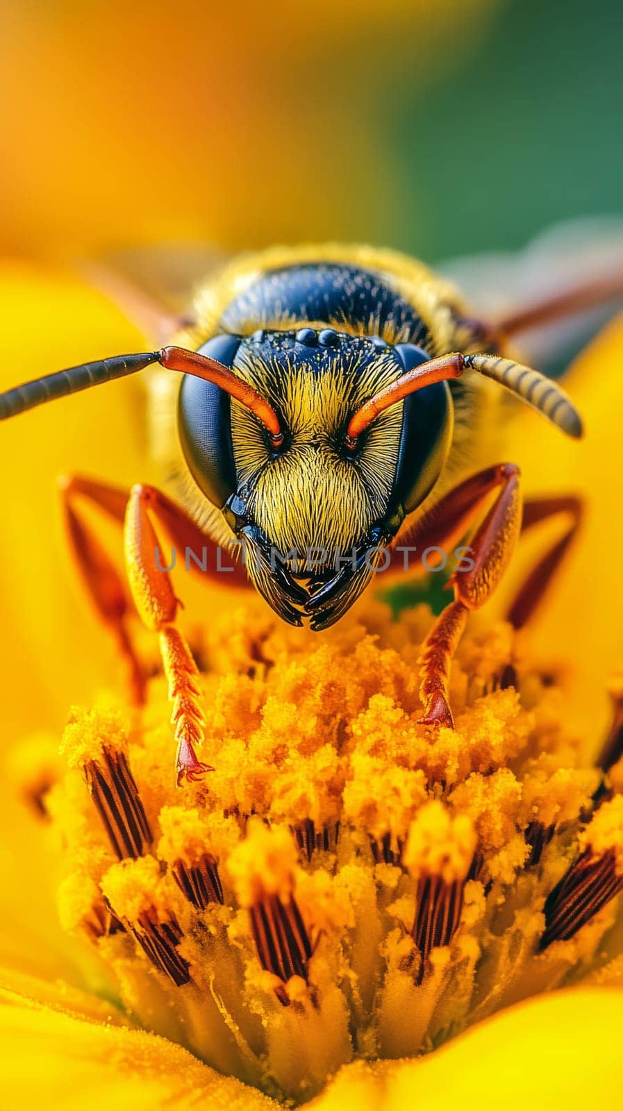 Detailed macro shot of a wasp's face, revealing its compound eyes, antennae, and intricate features against a vibrant yellow and green background.