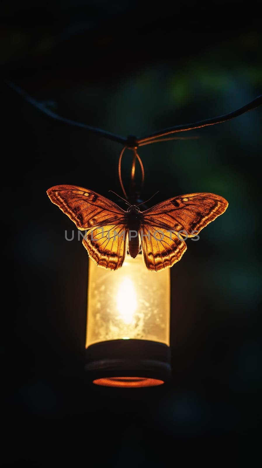 A stunning butterfly with golden wings perched on a glowing lantern, creating a magical ambiance against a dark background.