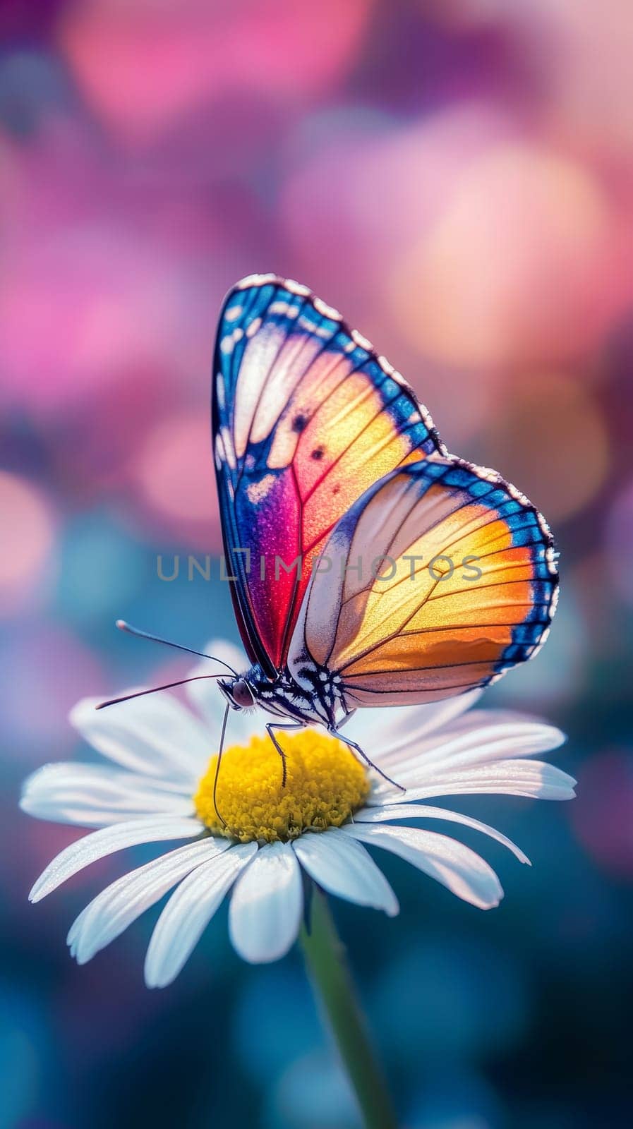 Close up of a colorful butterfly with blue, orange, and yellow wings perched on a white daisy, set against a dreamy purple background.