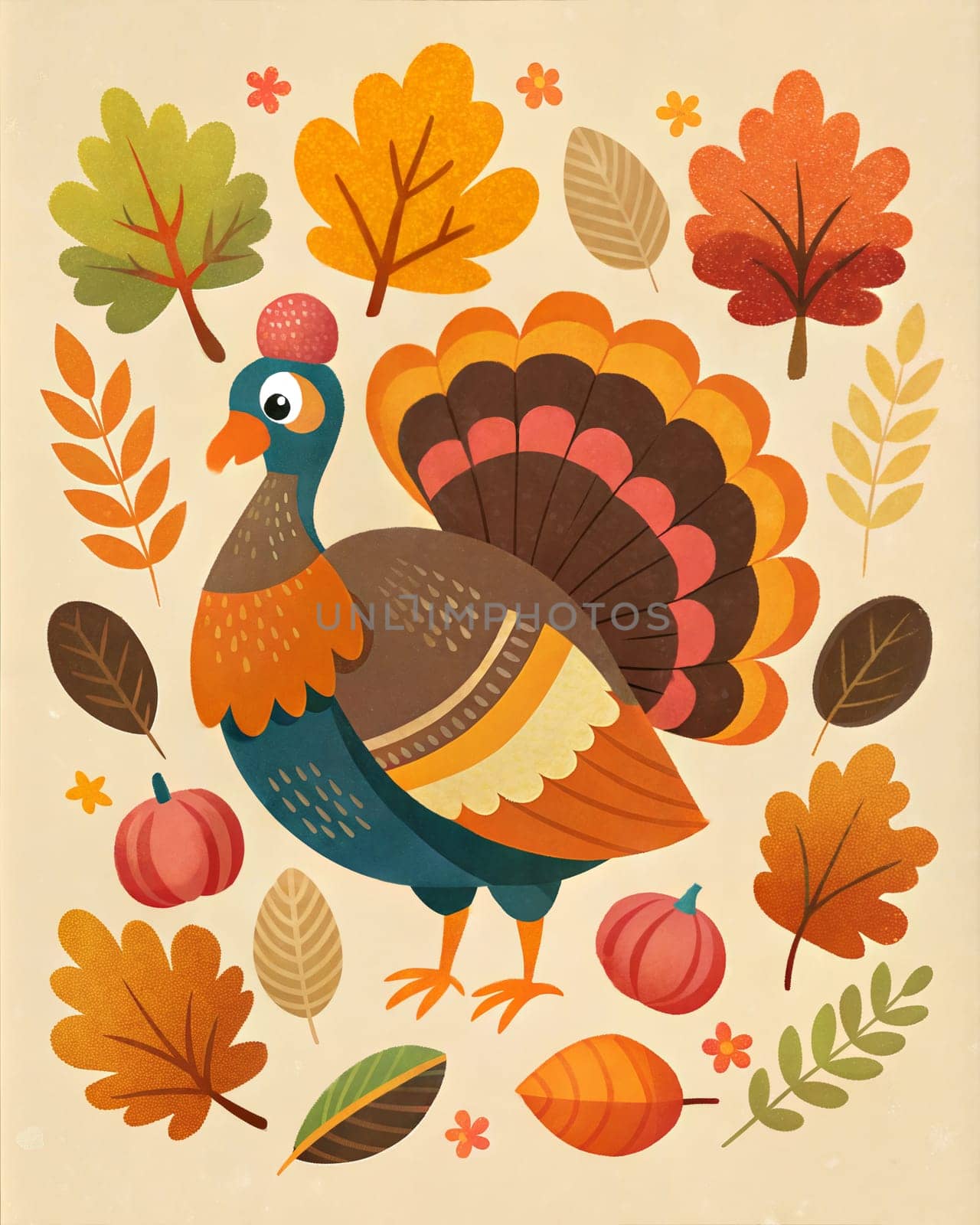 Happy Thanksgiving Day Illustration with Turkey Bird, Pumpkins and Leaves Flat Cartoon Illustration for poster or card. Ai generated