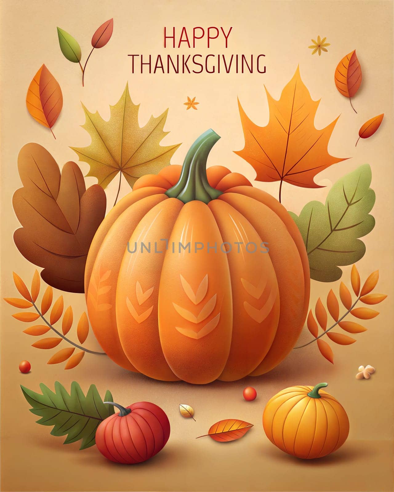 Happy Thanksgiving card or poster with autumn leaves and pumpkins. Ai generated image