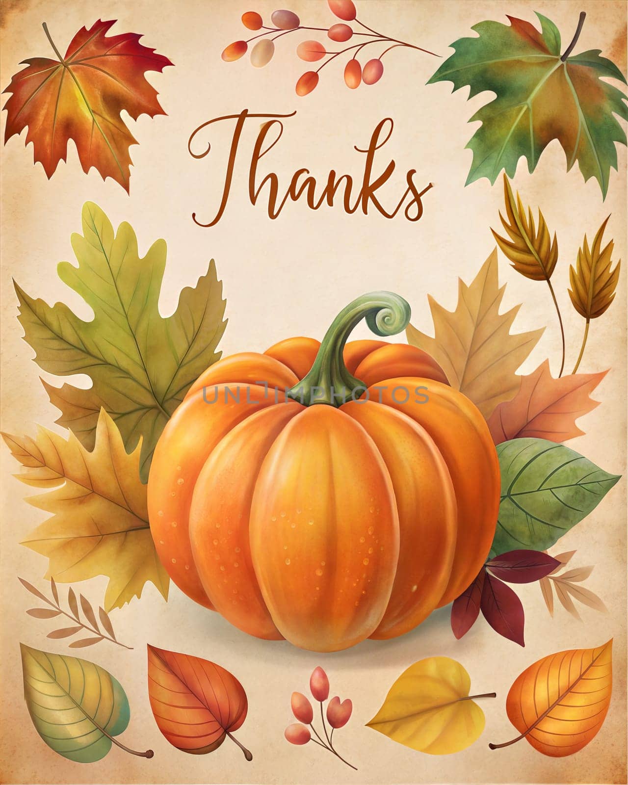 Happy Thanksgiving day card or poster with autumn leaves, pumpkin and lettering Thanks. Ai generated image