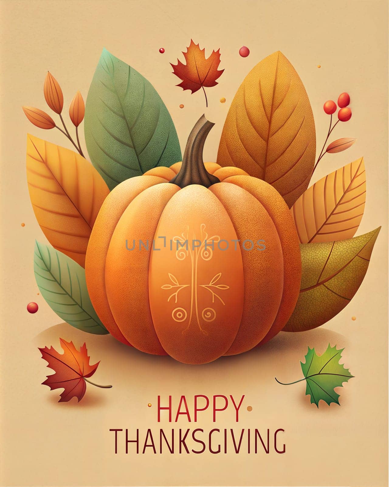 Happy Thanksgiving card or poster with autumn leaves and pumpkin. Ai generated image