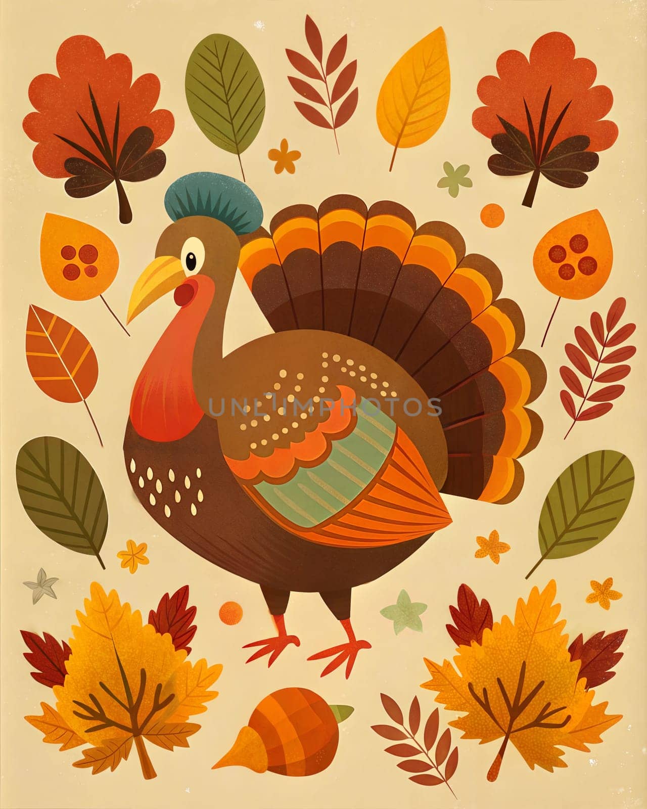 Happy Thanksgiving Day Illustration with Turkey Bird, Pumpkins and Leaves Flat Cartoon Illustration for poster or card. Ai generated