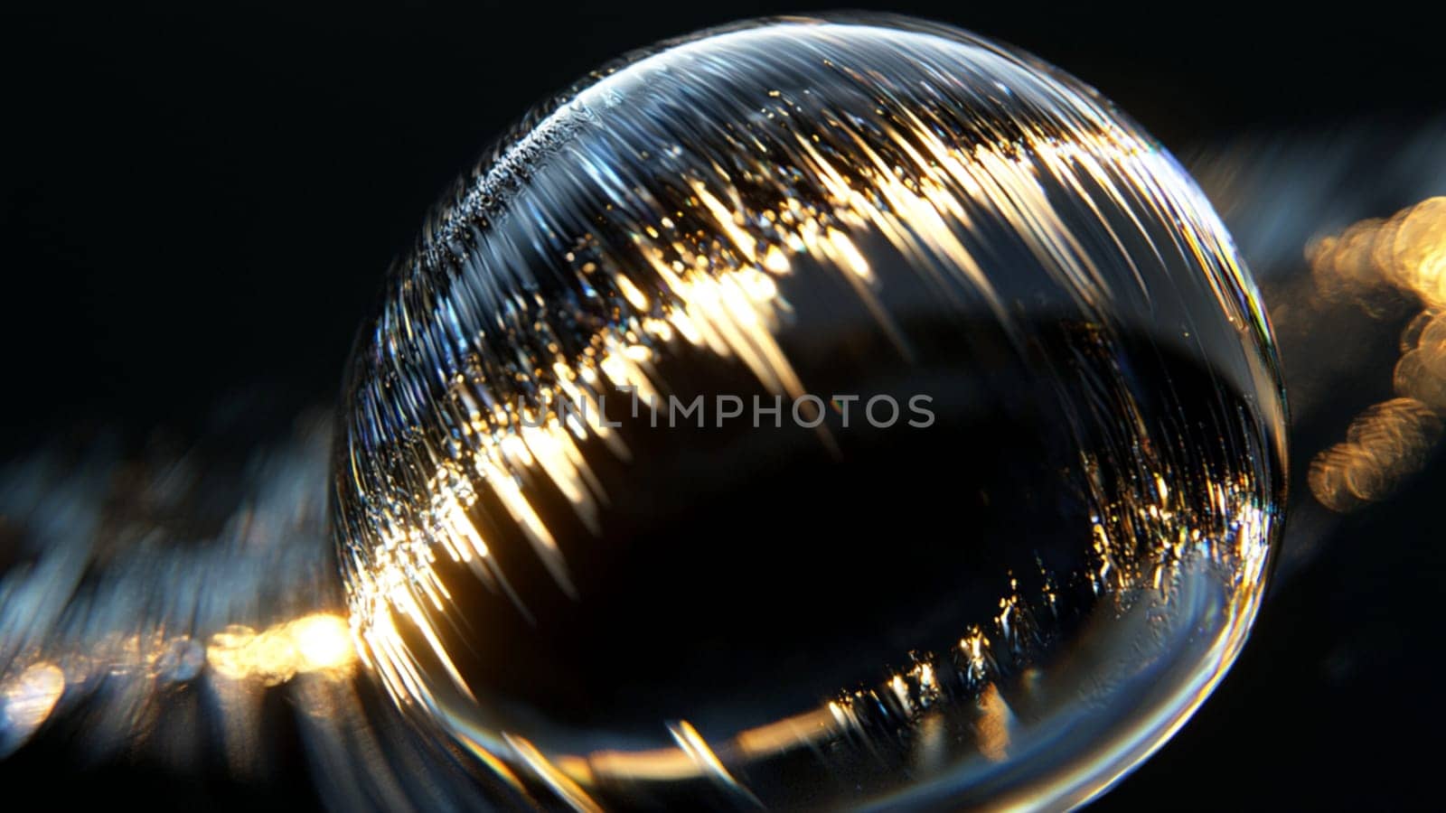 Mesmerizing crystal ball reflects golden light streaks, creating a mysterious and abstract aura, evoking spirituality and magic