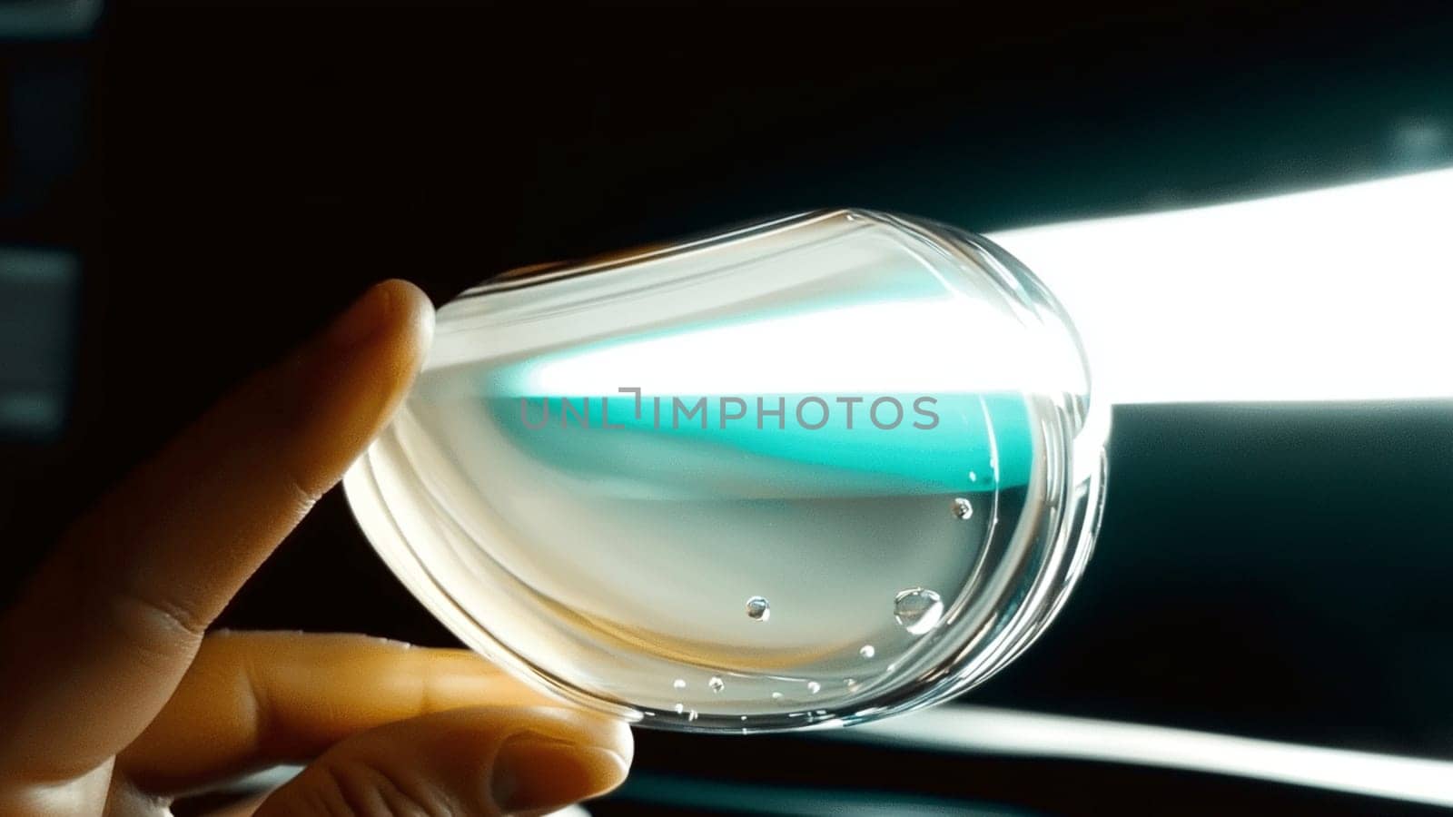 Scientist carefully holds a vibrant blue culture in a petri dish, illuminated from behind in a dark lab, showcasing the world of biology