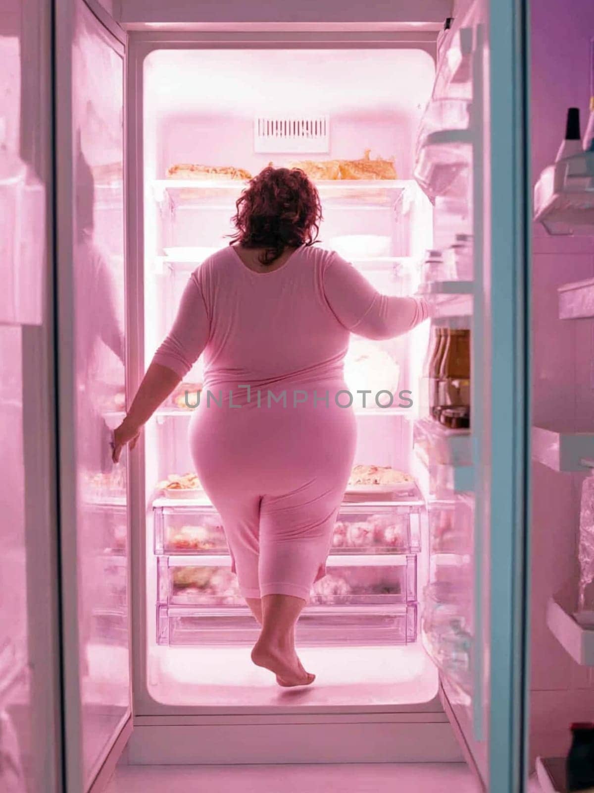 Woman is standing in her pajamas in front of an open refrigerator, looking for something to eat. The refrigerator is full of food, but she can't seem to find anything that she wants