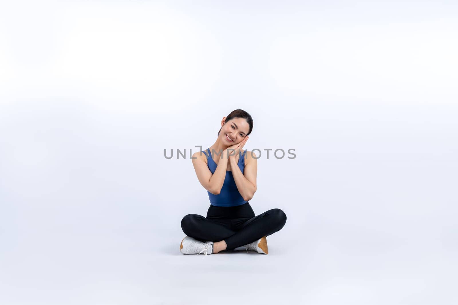 Full body asian woman in sportswear portrait, smiling and posing cheerful gesture. Workout training with attractive girl engage in her pursuit of healthy lifestyle. Isolated background Vigorous