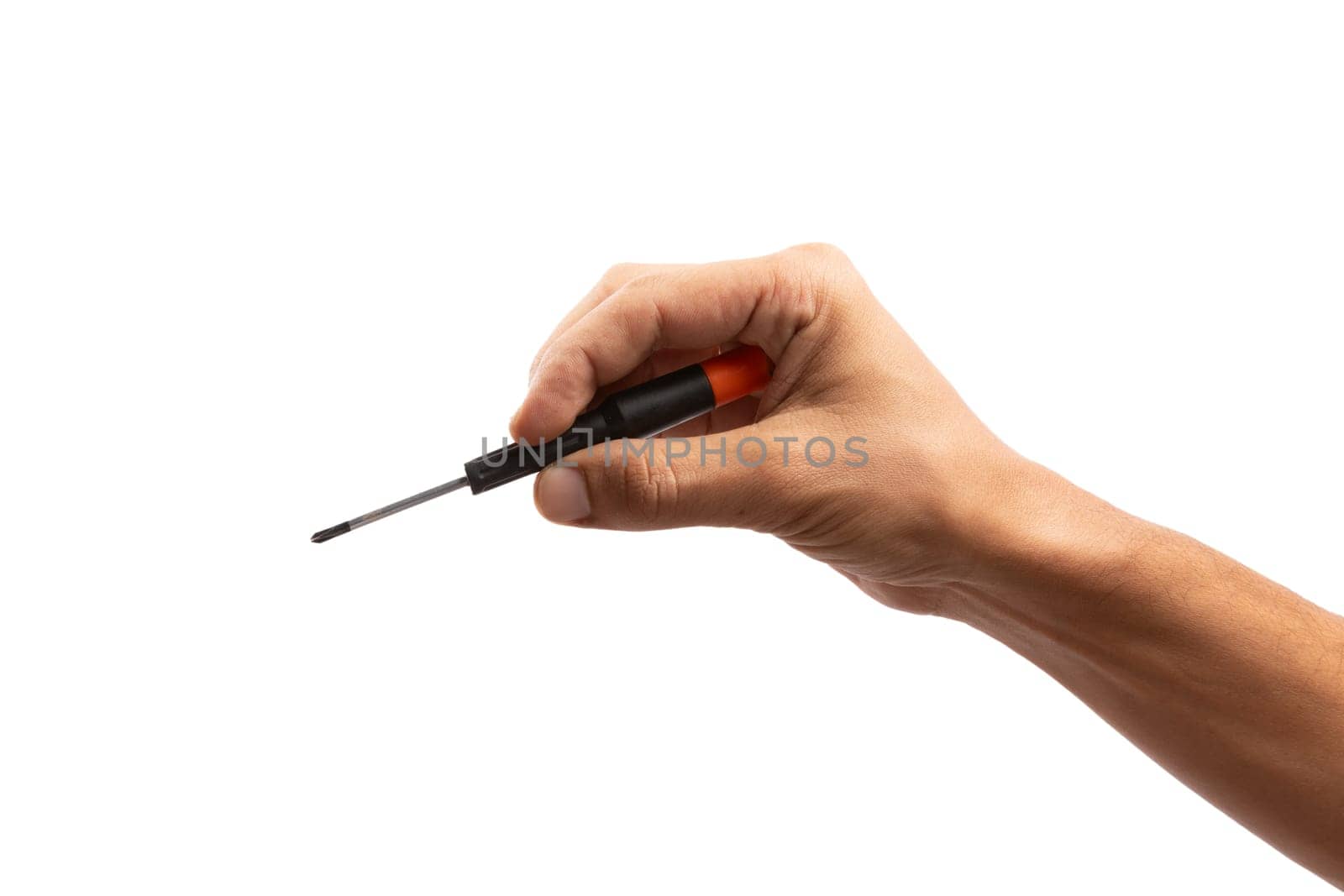 Black male hand holding a screwdriver for repair isolated on white background by TropicalNinjaStudio