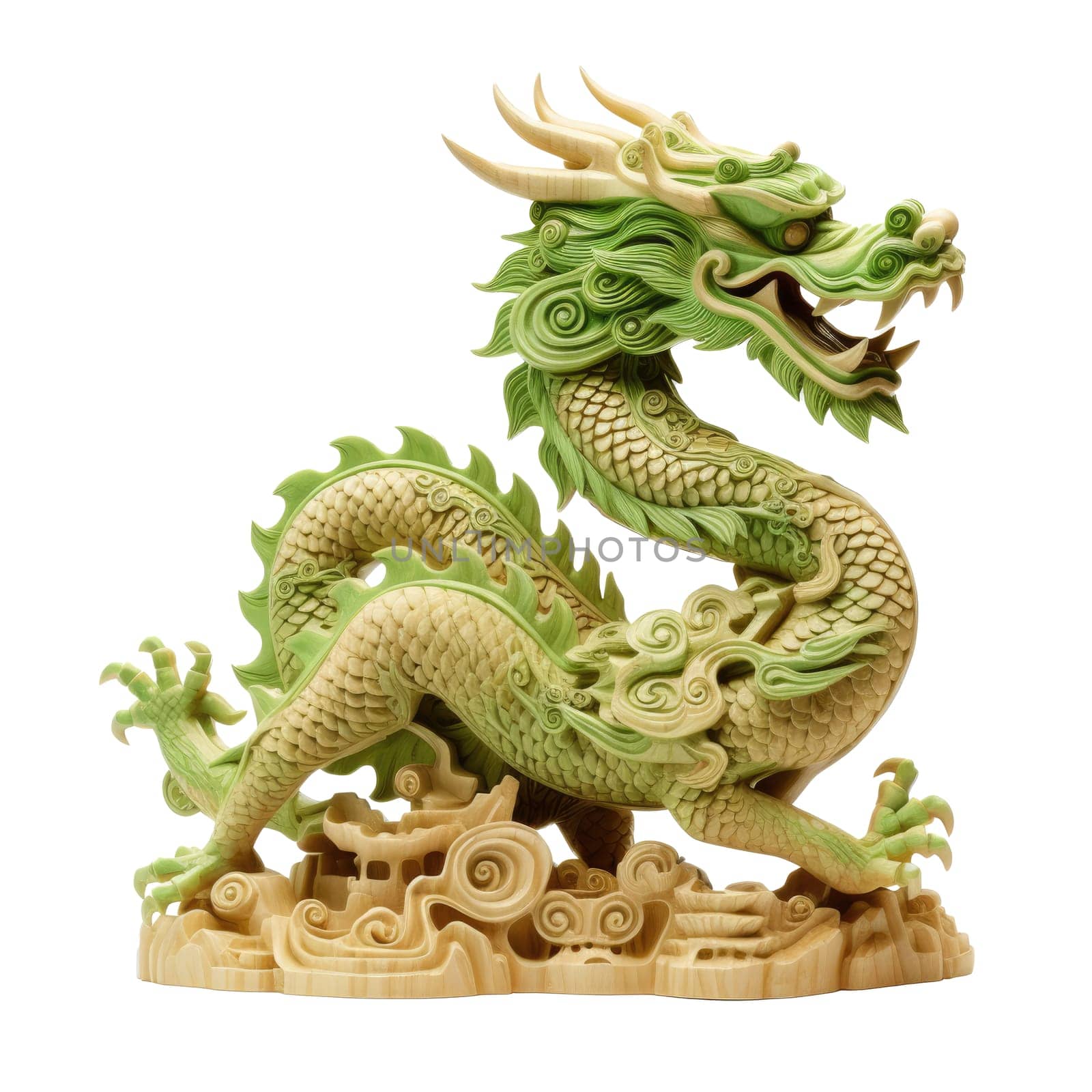 Green wooden Chinese dragon. Symbol of 2024. Isolated on a white background. by natali_brill