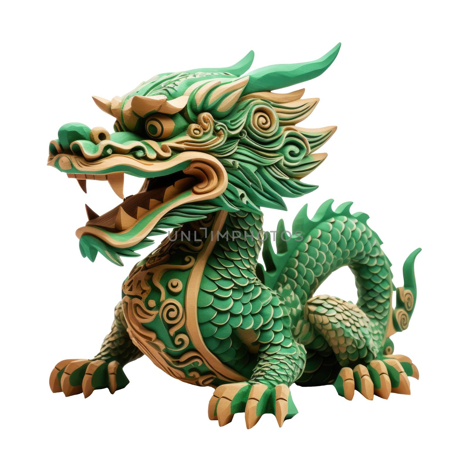 Green wooden Chinese dragon. Symbol of 2024. Isolated on a white background. For greeting card, poster, banner