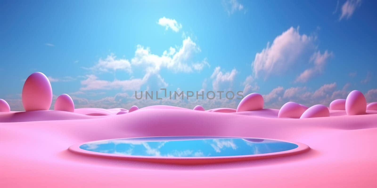 3d rendering abstract fantasy background. Surreal fantastic landscape. Blue sky, white fluffy clouds, neon round linear frame, calm water, pink sand dunes. Virtual reality paradise wallpaper. Generative AI weber. by biancoblue