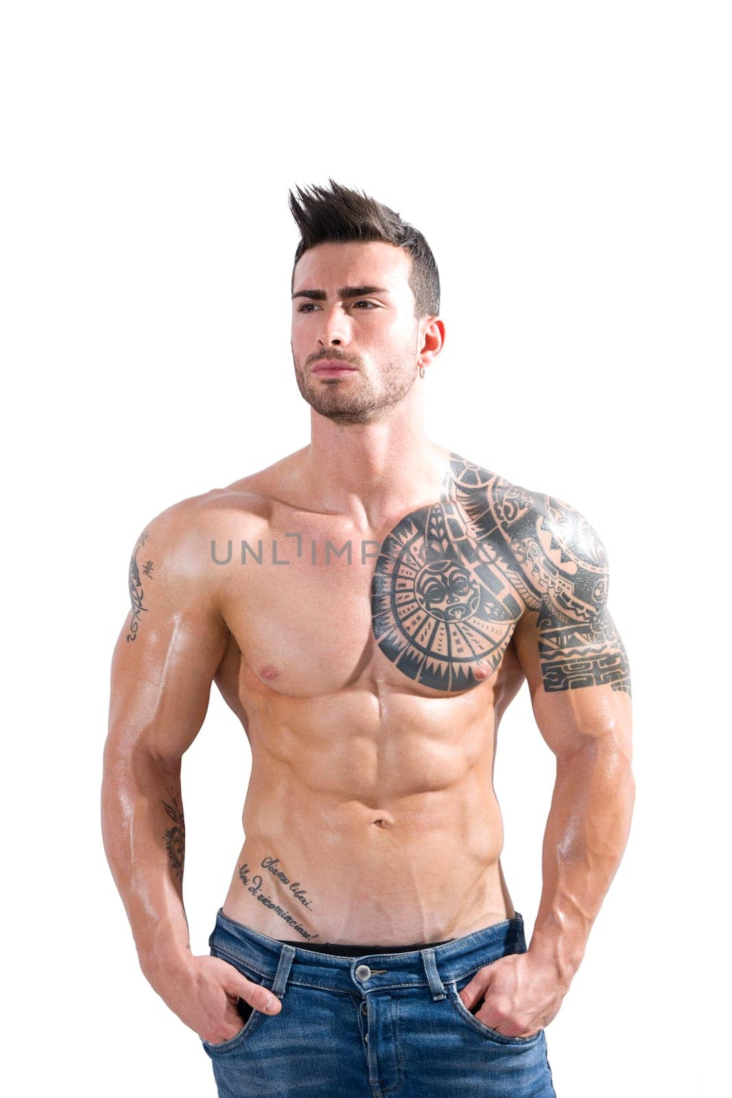 Handsome shirtless athletic man with arms crossed on muscular chest by artofphoto