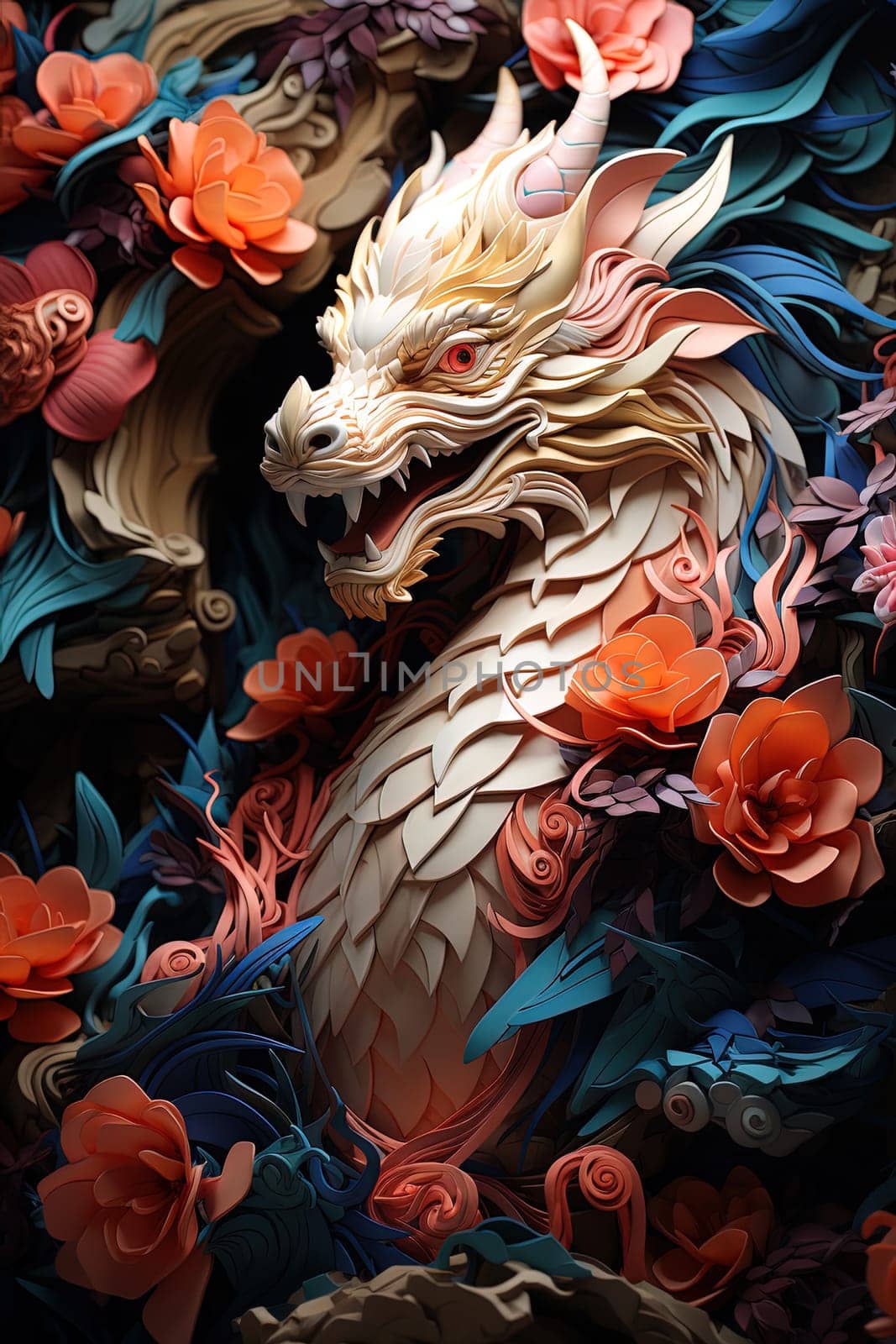 Japanese dragon, in the style of detailed multi-layered compositions, colorful wood carvings, intricate floral arrangements, close-up, colorful bright background. ai generative art