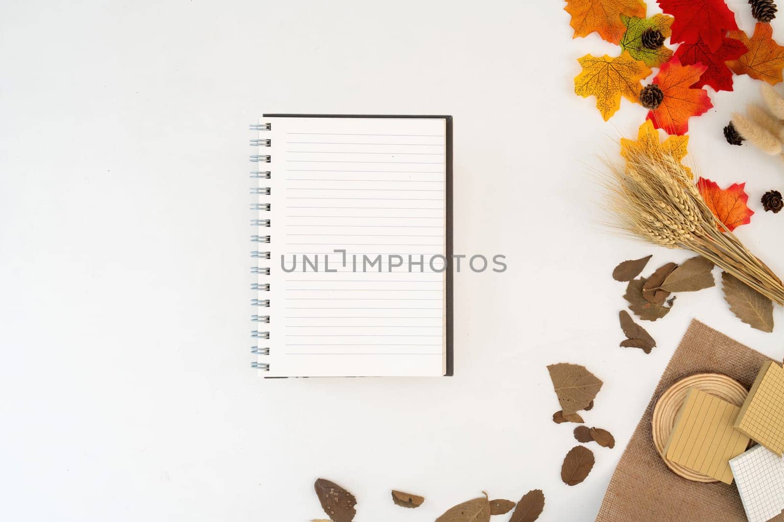 Workspace with blank copy space notebook mockup, blanket, envelopes, leaves on autumn background. Top view girl business, work concept top view seasonal autumn, cosy, cozy, by nateemee