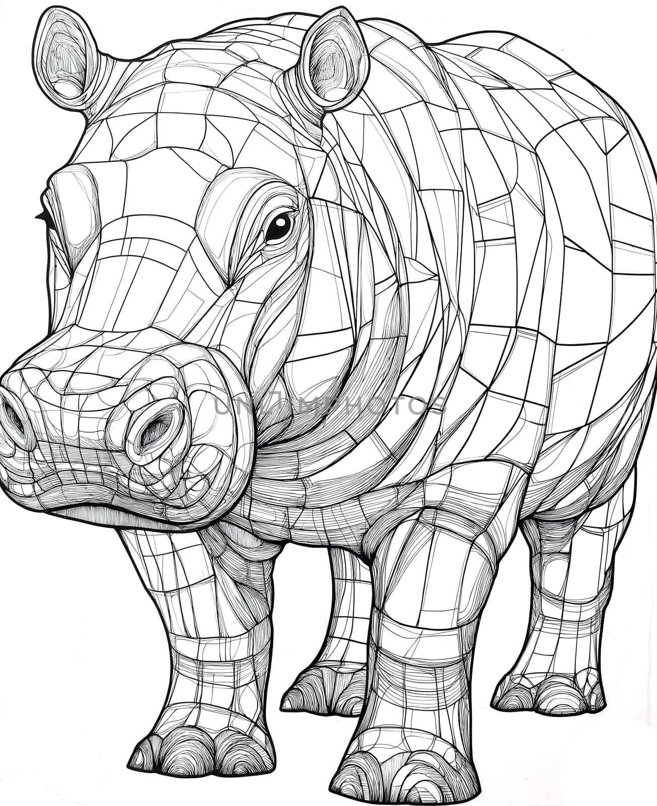 Coloring for kids, coloring colorful animal, hippopotamus from geometric shapes