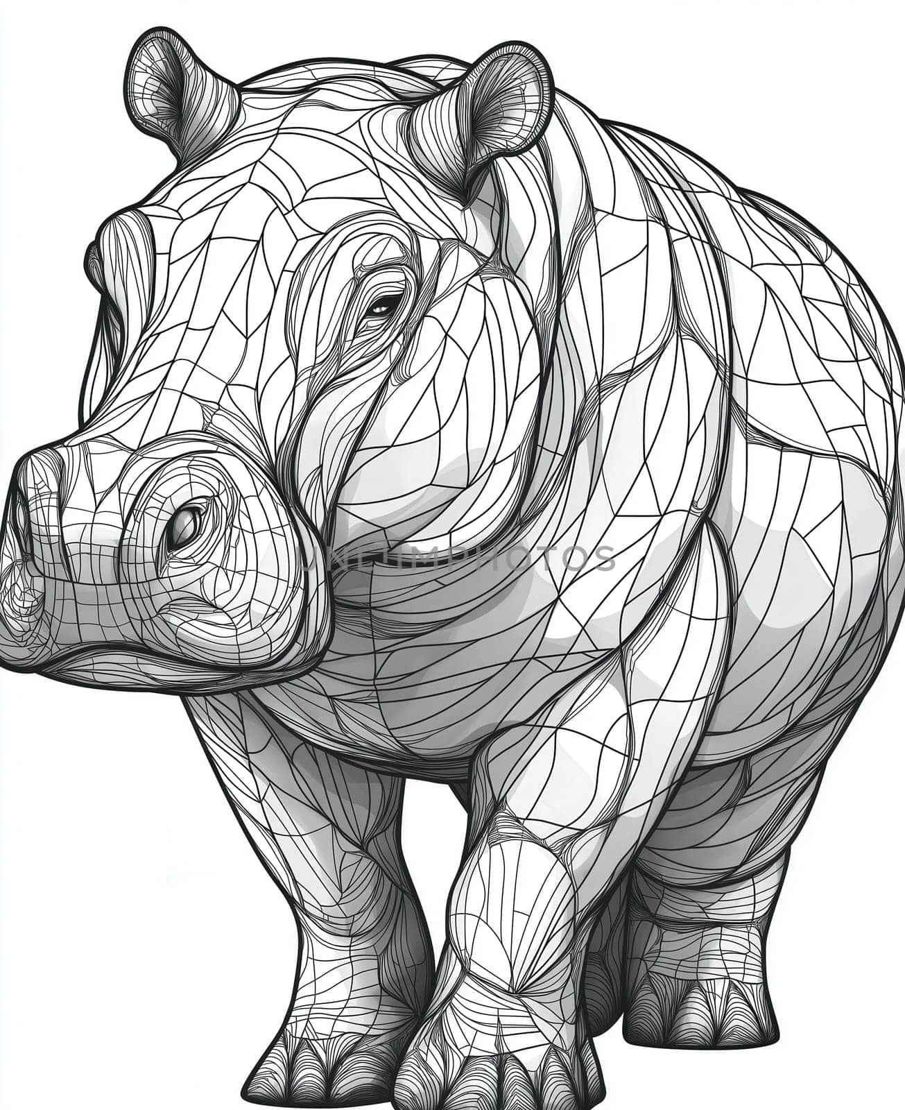 Coloring for kids, coloring colorful animal, hippopotamus from geometric shapes