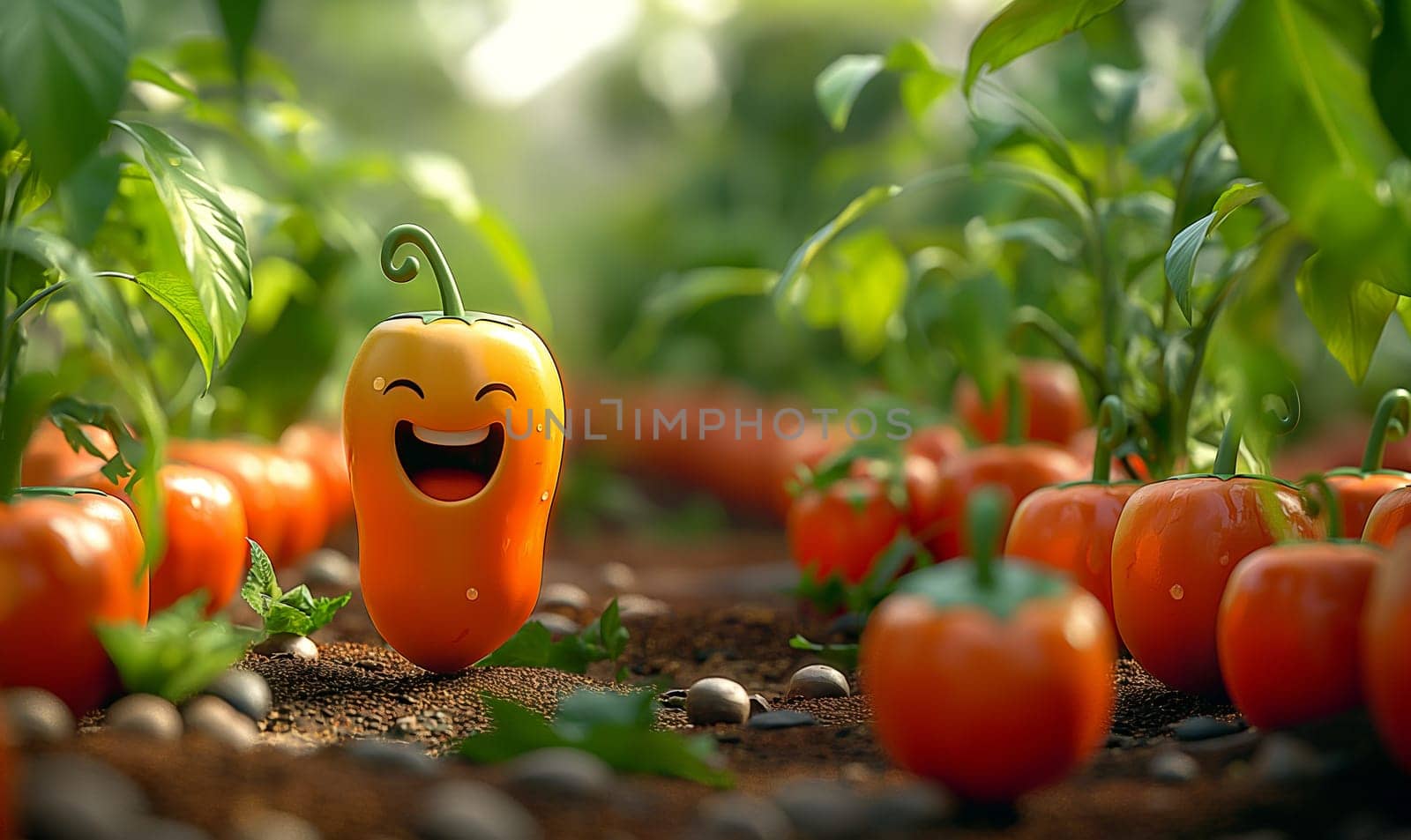 A cartoon red pepper laughs against a blurred background of a vegetable garden. Selective focus.