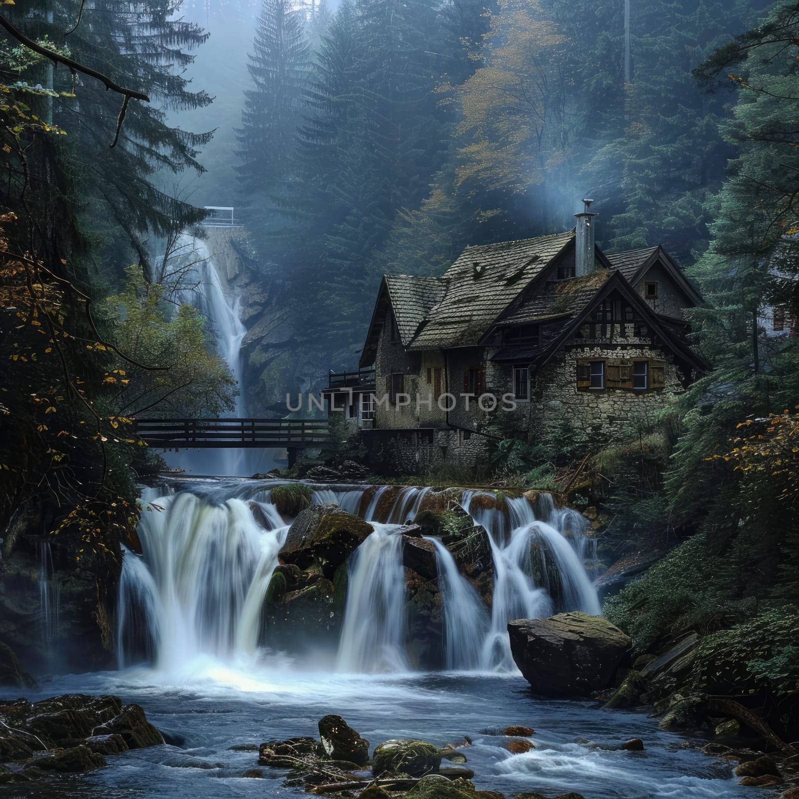 Nestled in a serene forest, a charming cabin overlooks a cascading waterfall, surrounded by lush greenery under a twilight sky, creating a peaceful retreat.