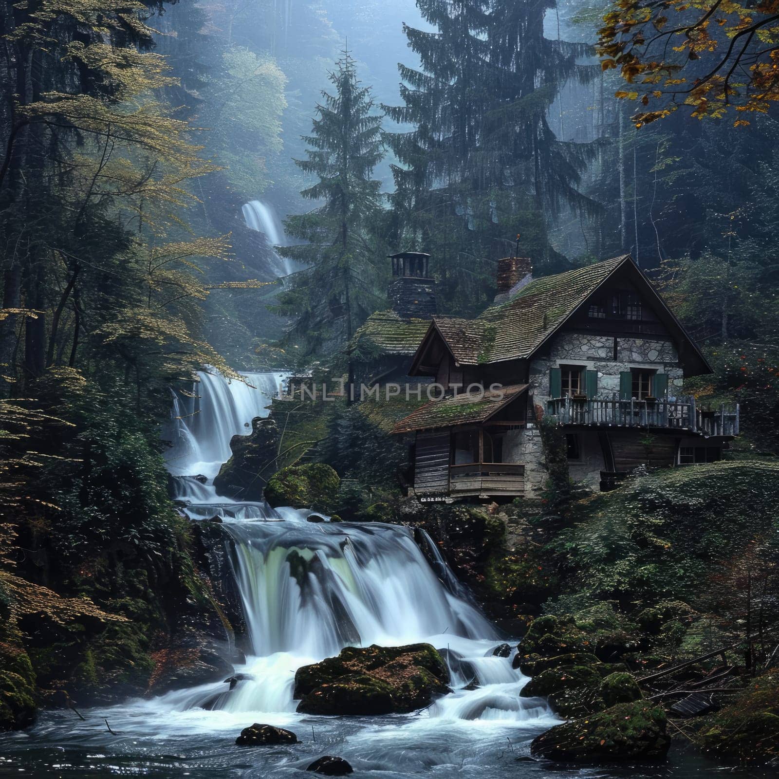 A tranquil scene features a charming cabin nestled beside a waterfall, surrounded by tall trees and the soft mist of early morning, creating a peaceful atmosphere.