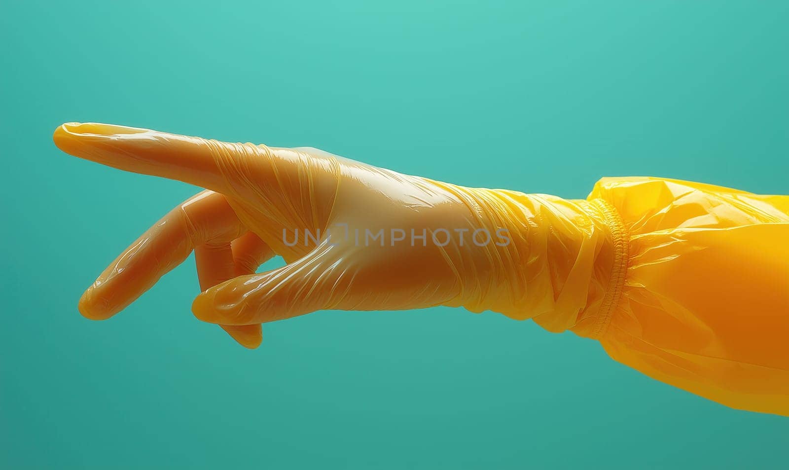 Hand in a yellow latex glove on a green background. Selective focus.