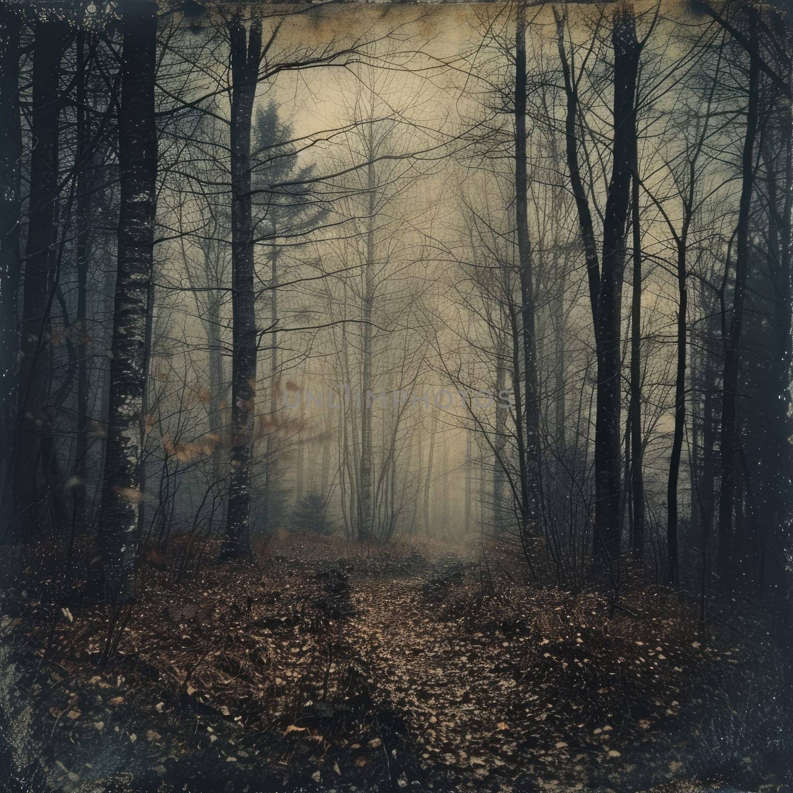 A serene pathway winds through a misty forest, surrounded by tall trees and fallen leaves, creating a peaceful atmosphere perfect for contemplation.