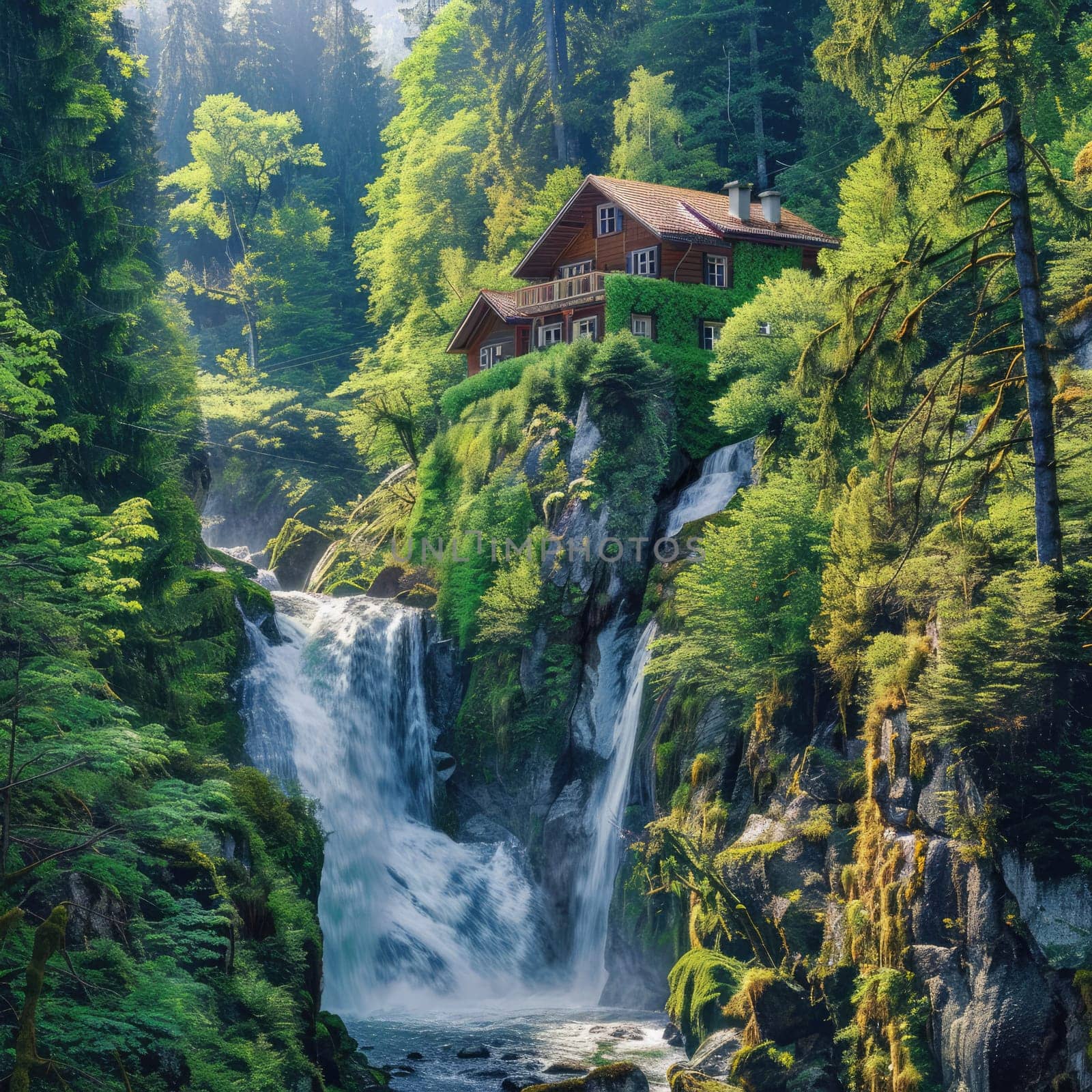 A charming house is perched on a rocky ledge, overlooking a stunning waterfall that flows into a tranquil forest. Sunlight filters through the dense trees, enhancing the peaceful atmosphere.