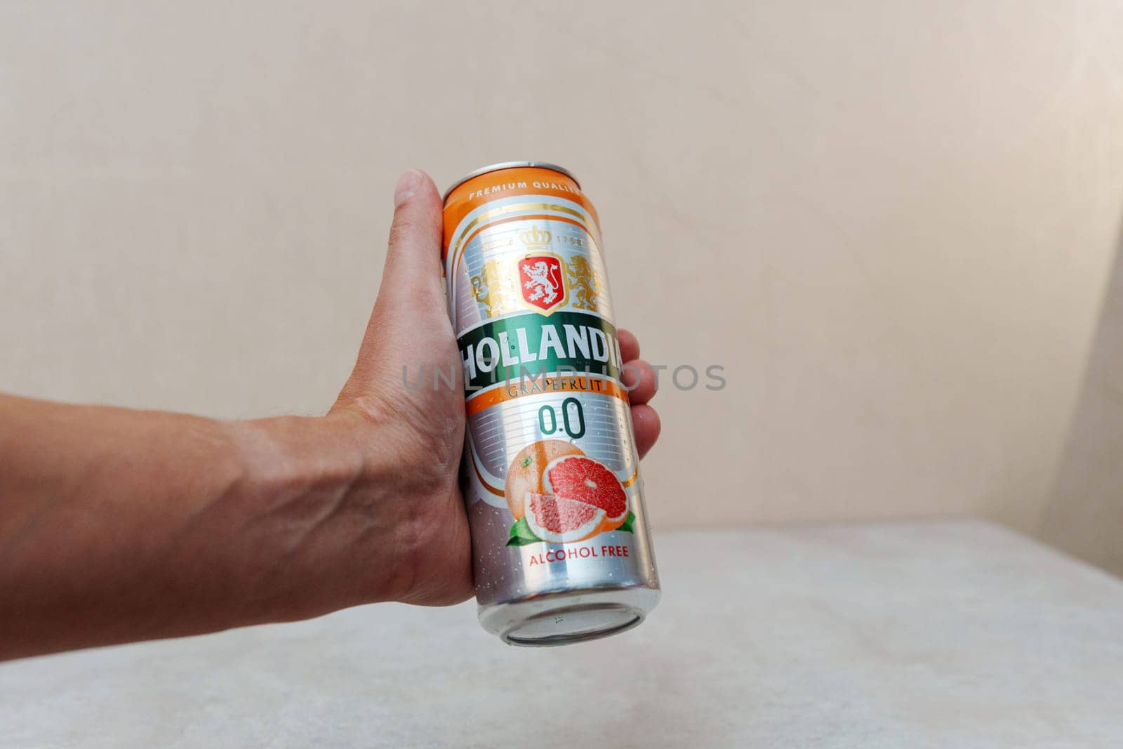 Tyumen, Russia-September 06, 2024: Non alcoholic Dutch beer can, Hollandia, Brewed in Holland, since 1758