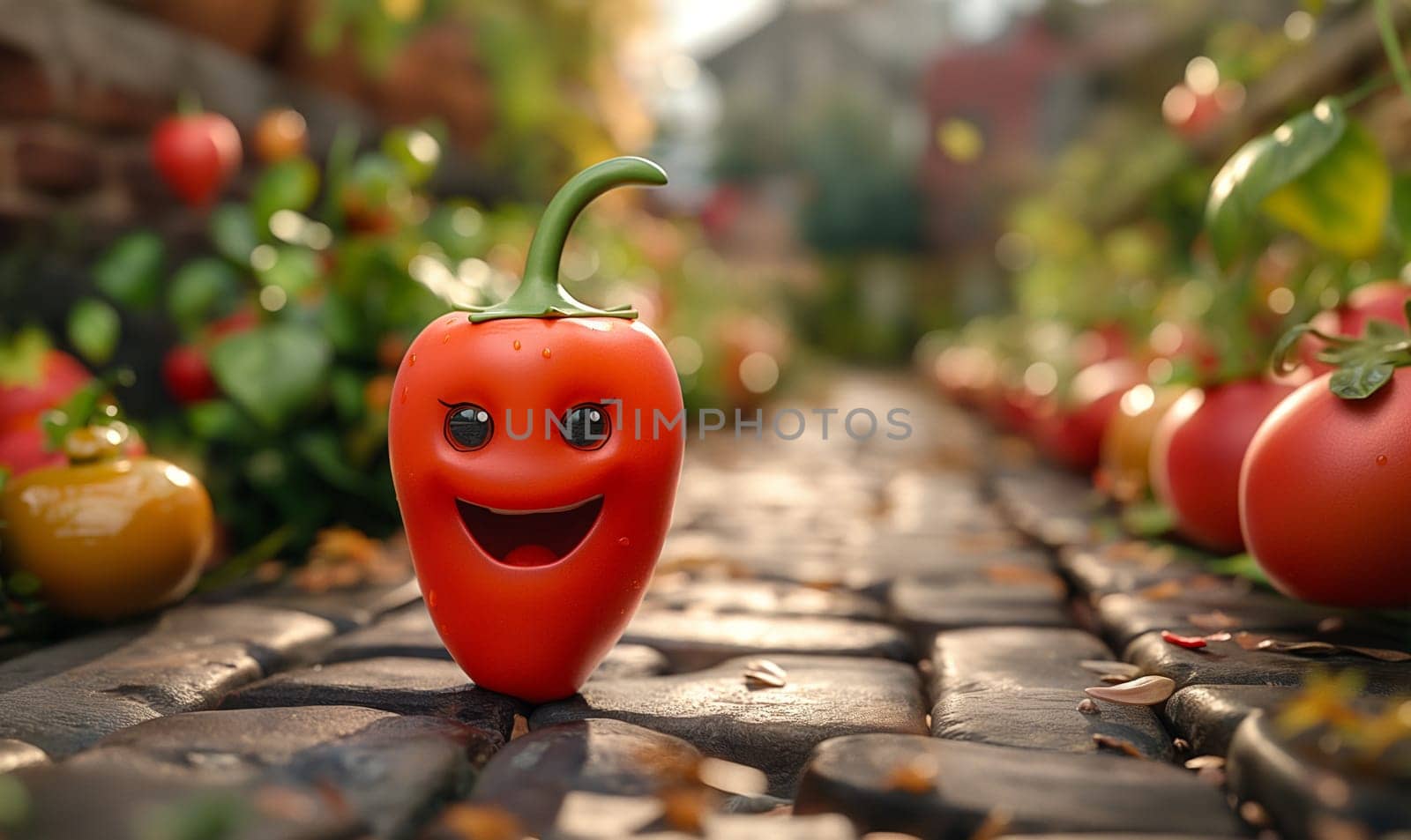 A cartoon red pepper laughs against a blurred background of a vegetable garden. Selective focus.