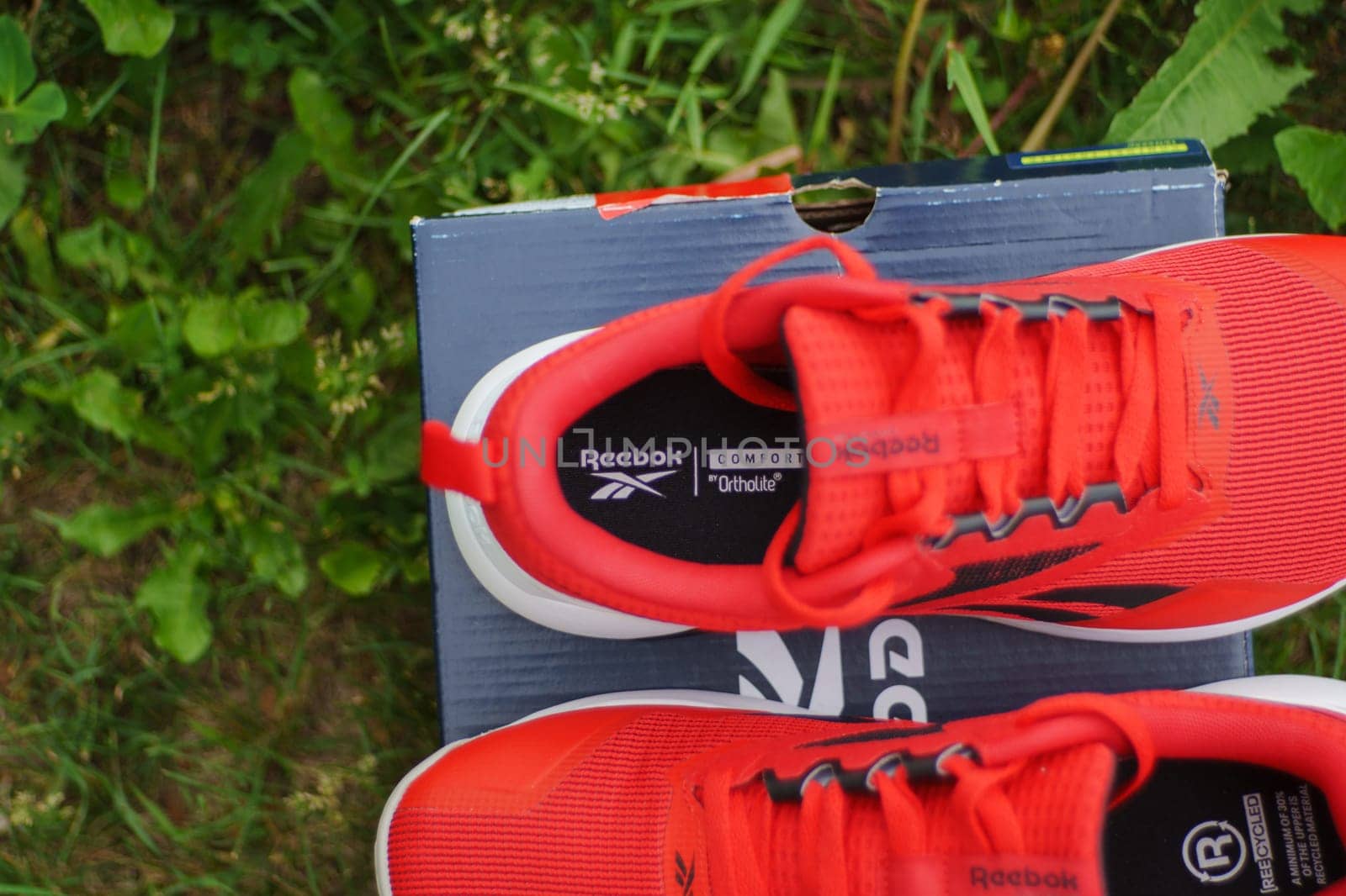 Tyumen, Russia-June 20, 2024: Red Reebok logo model Nanoflex sneakers, running shoes.